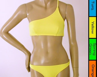 One Shoulder Bikini Top and Full Coverage Bikini Bottom Two Piece Bikini in Yellow, Green, Turquoise or Orange in S-M-L-XL