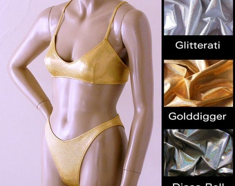 80s 90s Brazilian Bikini Bottom and Cross Back Ballet Bikini Top in Gold, Silver, and Disco Ball Glitter Hologram in S.M.L.XL