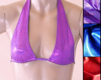 Sliding Halter Bikini Top in Red, Purple, or Blue Glitter Hologram in Sizes to DD
