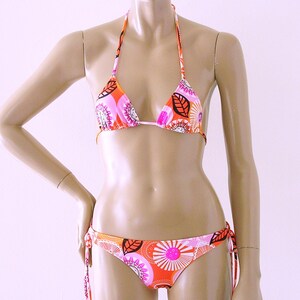 Brazilian Bikini Bottom with Tie Sides and Triangle Bikini Top in Orange Tango Print in Top Sizes to DD