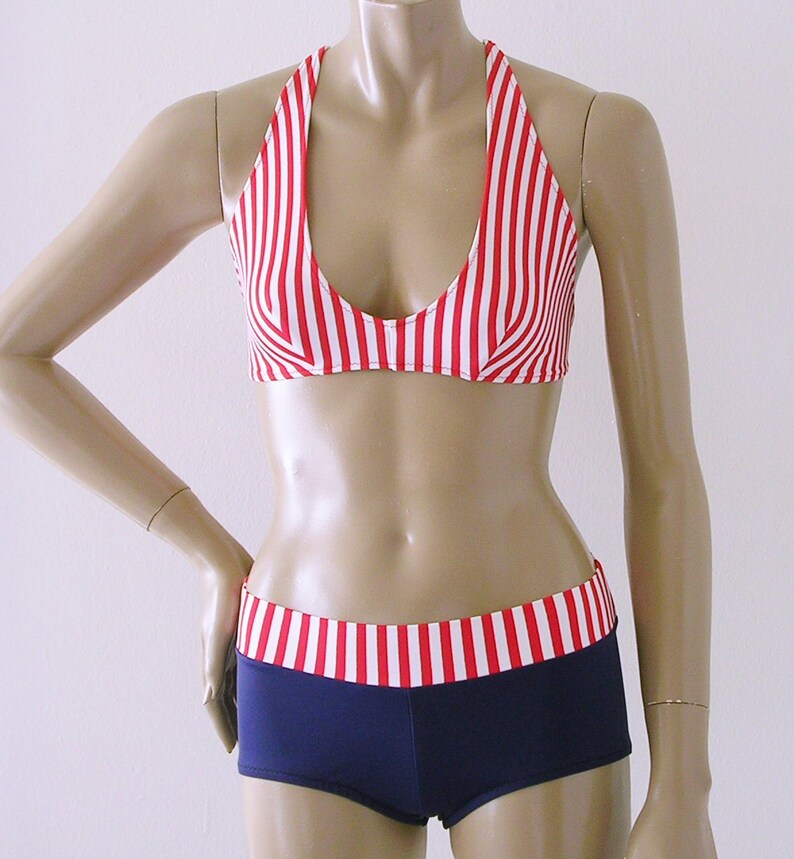 Crossback Halter and Boy Short Bikini in Red and White Candy Etsy