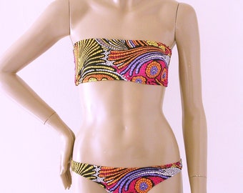 Thong Bikini Bottom and Strapless Bandeau Top in Mosaic Print Available in D Cups