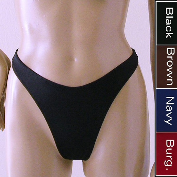 80s 90s Thong Bikini Bottom with High Leg in Black, Burgundy, Brown, Navy Blue in S M L XL