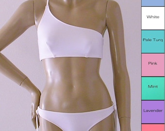 Asymmetrical One Shoulder Bikini Top and Tie Bottom Two Piece Swimsuit in White, Coral, Pink, Lavender, Baby Blue, Mint, Turquoise