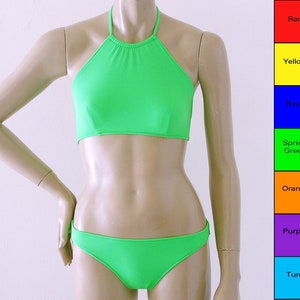 Hoge hals halter bikini badpak in rood, geel, blauw, groen, oranje, paars, turquoise, fuschia