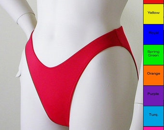 80s 90s High Leg Bikini Bottom with Moderate Coverage in Orange, Yellow, Blue, Red, Purple, Turquoise, Green, Fuschia