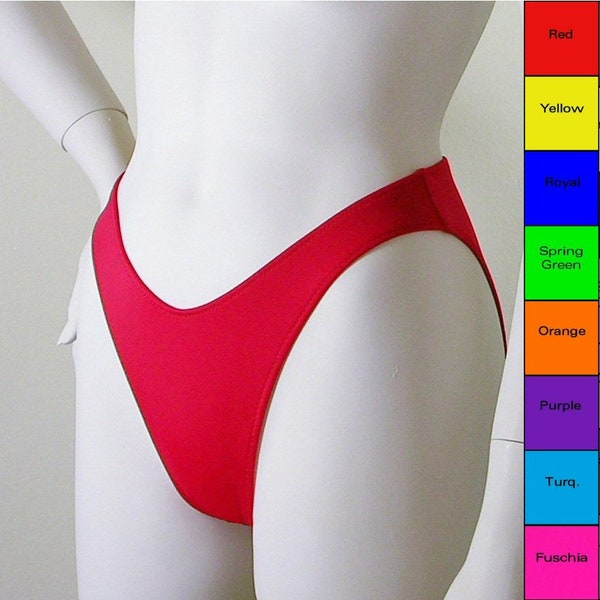 80s 90s High Leg Bikini Bottom with Moderate Coverage in Orange, Yellow, Blue, Red, Purple, Turquoise, Green, Fuschia