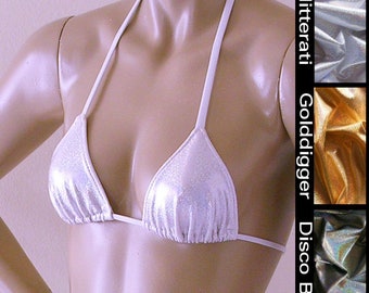 Triangle Bikini Top in Silver, Disco Ball and Gold Hologram in Sizes to DD