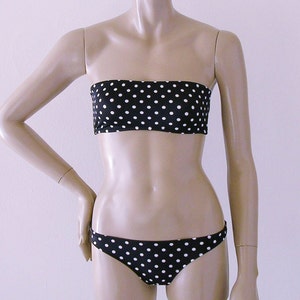 Strapless Bandeau Bikini Top and Moderate Coverage Bikini Bottom in Black Polka Dot in Custom Bra Sizes image 1