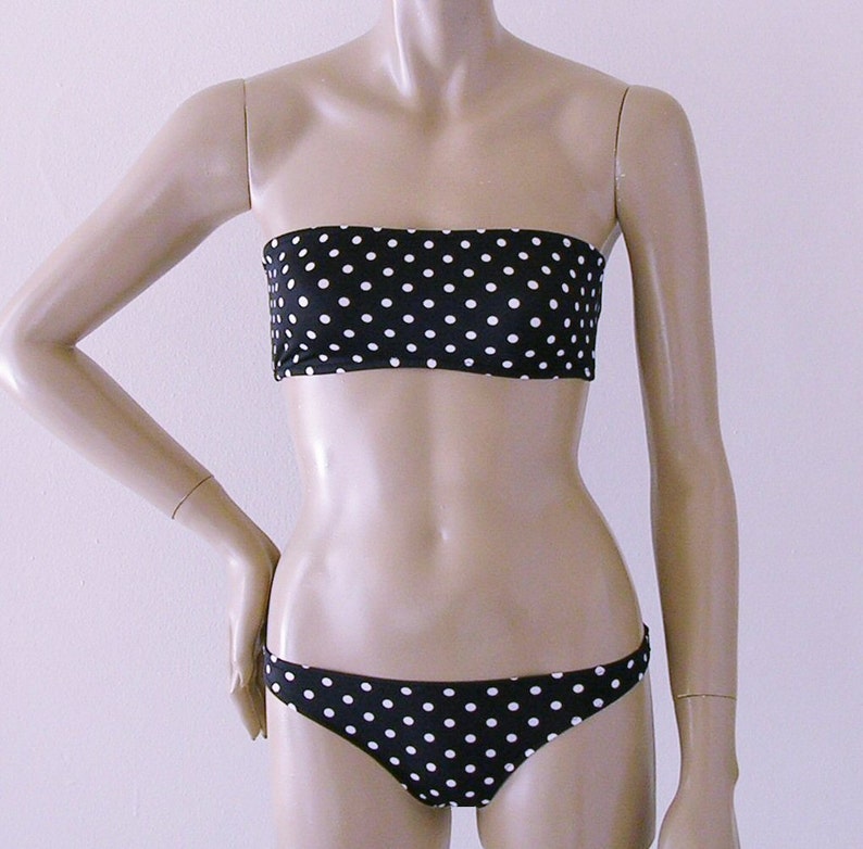 Strapless Bandeau Bikini Top and Moderate Coverage Bikini Bottom in Black Polka Dot in Custom Bra Sizes image 1