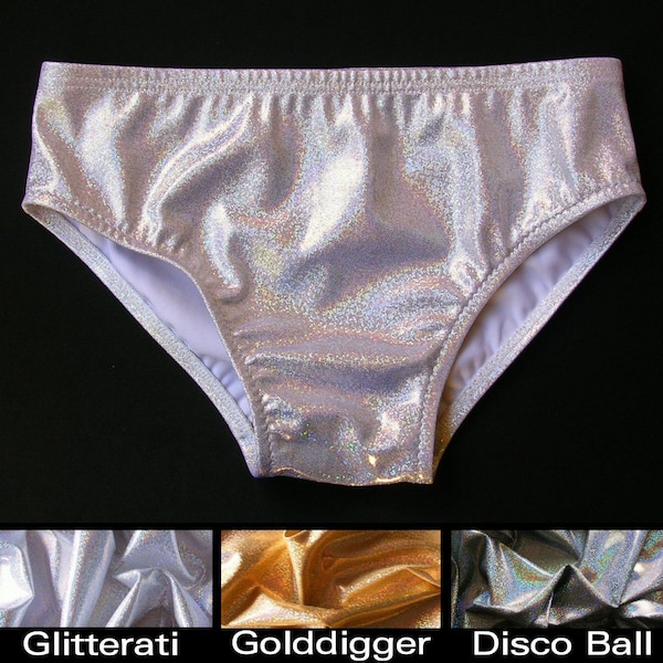 Traje de baño breve de natación MENS en plata, oro y holograma de brillo de bola de discoteca