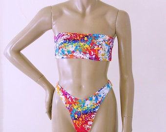 80s 90s High Leg Brazilian Bikini Bottom and Strapless Bandeau Bikini Top in Pollack Print