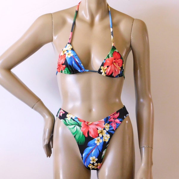 80s 90s Brazilian Bikini Bottom with High Leg and Triangle Top in Tiger Lily Floral Print