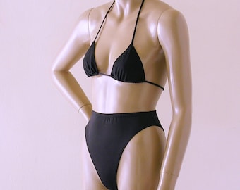 80s 90s High Leg High Waist Brazilian Bikini Bottom and Triangle Top in Black