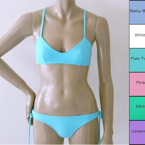 Brazilian Scrunch Back Bikini Bottom with Tie Sides and Cross Back Ballet Bikini Top in White, Pink, Lavender, Mint Green, Blue, Turquoise