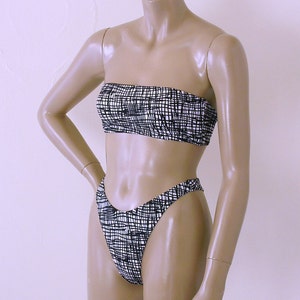 80s High Leg Thong Bikini Bottom and Strapless Bandeau Top in Black and White Scribbles Print