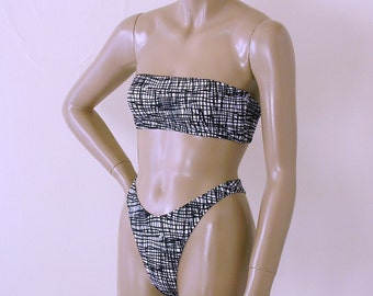 80s High Leg Thong Bikini Bottom and Strapless Bandeau Top in Black and White Scribbles Print