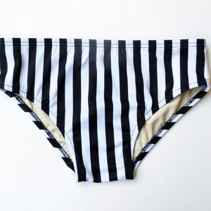 Men&#39;s Swim Brief Swimwear in Black and White Vertical Stripe in Regular or Low Rise