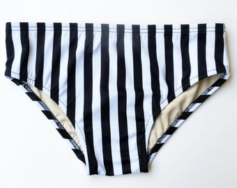 Men&#39;s Swim Brief Swimwear in Black and White Vertical Stripe in Regular or Low Rise
