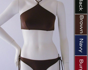 High Neck Halter Bikini Top and Tie Bottom Bikini in Black, Brown, Navy Blue or Burgundy in S M L XL