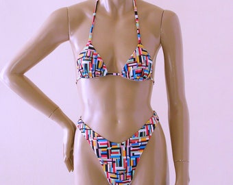 80s 90s Brazilian Bikini Bottom with High Leg and Triangle Top in Mondrian Print in Sizes to DD