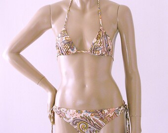 Brazilian Bikini Bottom and Triangle Top in Brown and Tan Regency Paisley in Sizes to DD