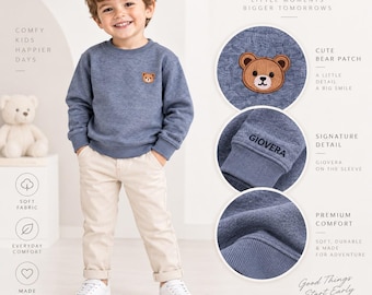 Toddler Bear Patch Sweatshirt | Soft Fleece, Neutral Heather Top
