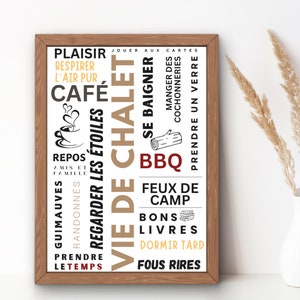 Vie de Chalet、Affiches à imprimer、Plaisir、フレーズ・インスピレーション、カフェ、Jouer aux Cartes、装飾シャレー、アート壁画、ポスター、アクティビティ