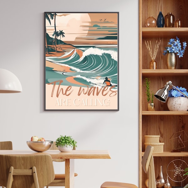 Tropical Surf Poster, Beach Wall Art, Ocean Waves, Surfing Print, Vintage Style Home Decor, Coastal Wall Hanging, Aesthetic Room Artwork