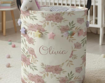 Personalized Floral Laundry Basket - Blush Rose Nursery Decor
