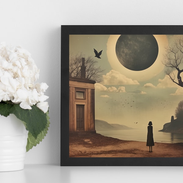 Surreal Moon Landscape Digital Art Print, Instant Download Wall Decor, Mysterious Dream Scene with Moon, Surrealist Art, Retro Night poster