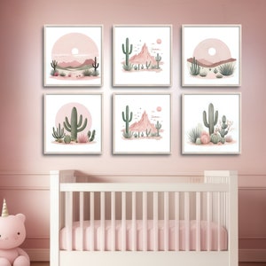 Set of 6 Desert Cactus Wall Art, Pink Sunset Nursery Decor, Printable Boho Wall Art, Digital Download, Bedroom Aesthetic, Gift Idea
