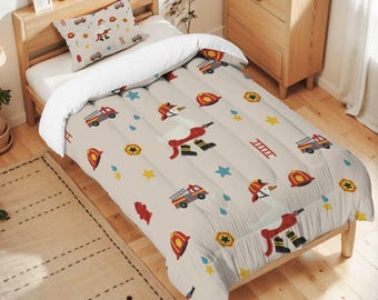 Personalized Firefighter Goose Comforter Set, Custom Name Fire Truck Kids Bedding, Boys Nursery Quilt, Toddler Bed Pillowcase Set