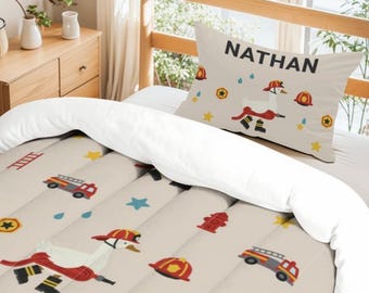 Personalized Firefighter Goose Comforter Set, Custom Name Fire Truck Kids Bedding, Boys Nursery Quilt, Toddler Bed Pillowcase Set
