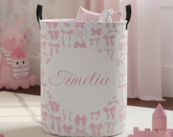 Personalized Laundry Basket • Custom Name Storage Bin • Pink Bow Nursery Hamper • Baby Girl Gift