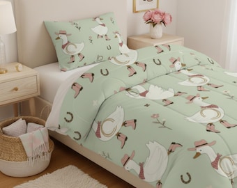 Cowgirl Goose Twin Comforter, Western Kids Bedding, Silly Goose Bedroom Decor, Pastel Animal Print Quilt for Girls Room