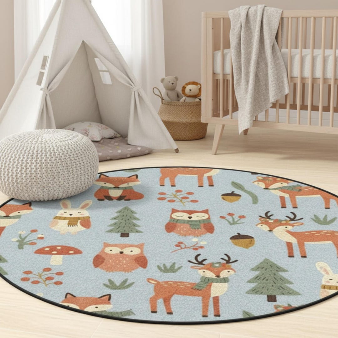 Woodland Nursery Area Rug, Kids Room Carpet, Neutral Forest Animals ...