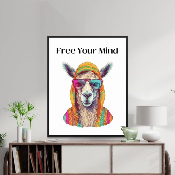 Free Your Mind Llama in Sunglasses Wall Art, Colorful Boho Chic Animal Poster, Vibrant Hipster Alpaca Digital Print, Retro Home Decor Groovy