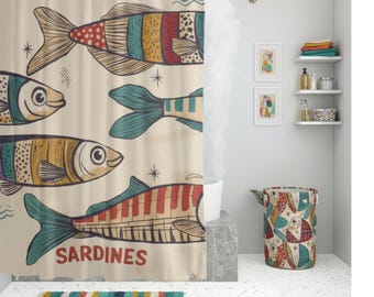 Vintage Sardine Fish Shower Curtain, Coastal Bathroom Decor, Retro Ocean Art Curtain