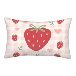 Strawberry Throw Pillow Pink Gingham Decor Cute Coquette Aesthetic Pillow Cover for Girl Bedroom or Cottagecore Sofa Room Decor 30x20