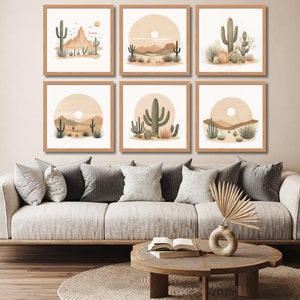 6er Set Boho Wüstenbräunchen Kaktus Art Prints, erdiges Südwesten Dekor in quadratischem Format, minimalistischer digitaler Download für rustikales Zuhause
