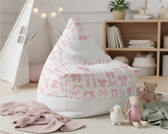 Personalized Luxury Pink Coquette Bean Bag Cover, Cute Bow Pattern Kids Room Seating, Nursery Decor for Girls, Custom Name Ribbon Chair Gift