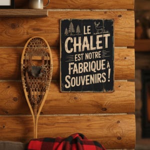 May include: A rustic wooden sign with the text "LE CHALET EST NOTRE FABRIQUE À SOUVENIRS!" in white lettering, featuring a deer and trees. A vintage snowshoe hangs on a wooden wall.