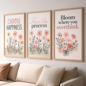 Set of 3 motivational wall art printable floral quote prints digital download inspirational posters for office or bedroom decor