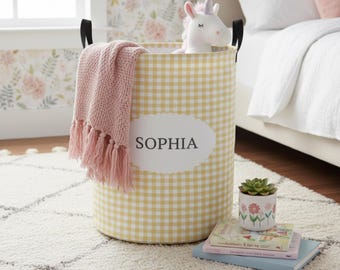 Personalized Gingham Laundry Hamper, Custom Name Kids Storage Bin, Nursery Room Organizer, Baby Laundry Basket Decor