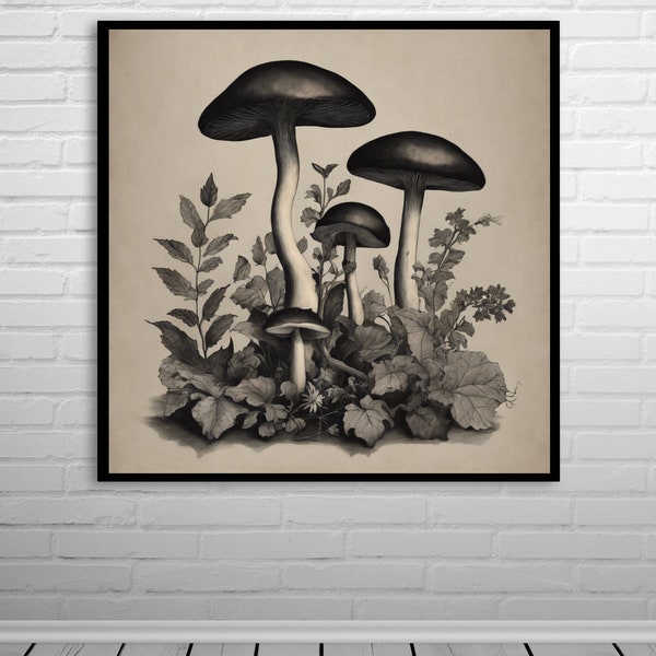 Dark Academia Mushroom Art Print, Vintage Style Fungi and Fern Illustration, Moody Black and White Wall Decor, Square Format, Botanical