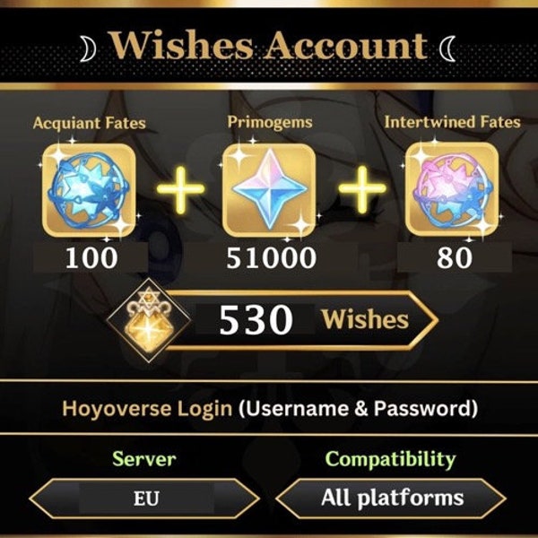 Genshin Account Europe Server | 51000 Primogems | 80 Intertwined+100 Acquaint Fates | Farmed AR50