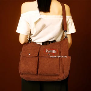 Personalized Corduroy Multi-Pocket Daily Shoulder Bag, Embroidered School Bag, Shoulder Bag With Name, Large Capacity Handbag, Sister Bag
