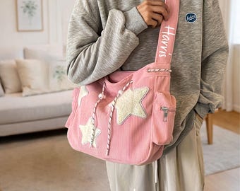 Sac à bandoulière quotidien en velours côtelé brodé, cartable d'écolier personnalisé, sac à bandoulière avec nom, sac à main grande capacité, sac de soeur, cadeau de Noël