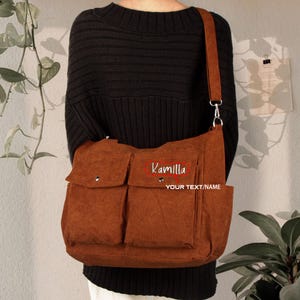 Personalisierte tägliche Schultertasche aus Cord mit mehreren Taschen, gestickte Schultasche, Schultertasche mit Namen, Handtasche mit großer Kapazität, Schwestertasche